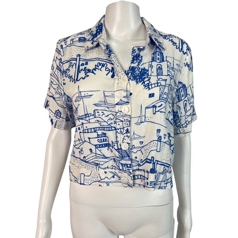 Cayypso Blouse Top Mediterranean Landscape Linen Blend Cropped Blue White Size S